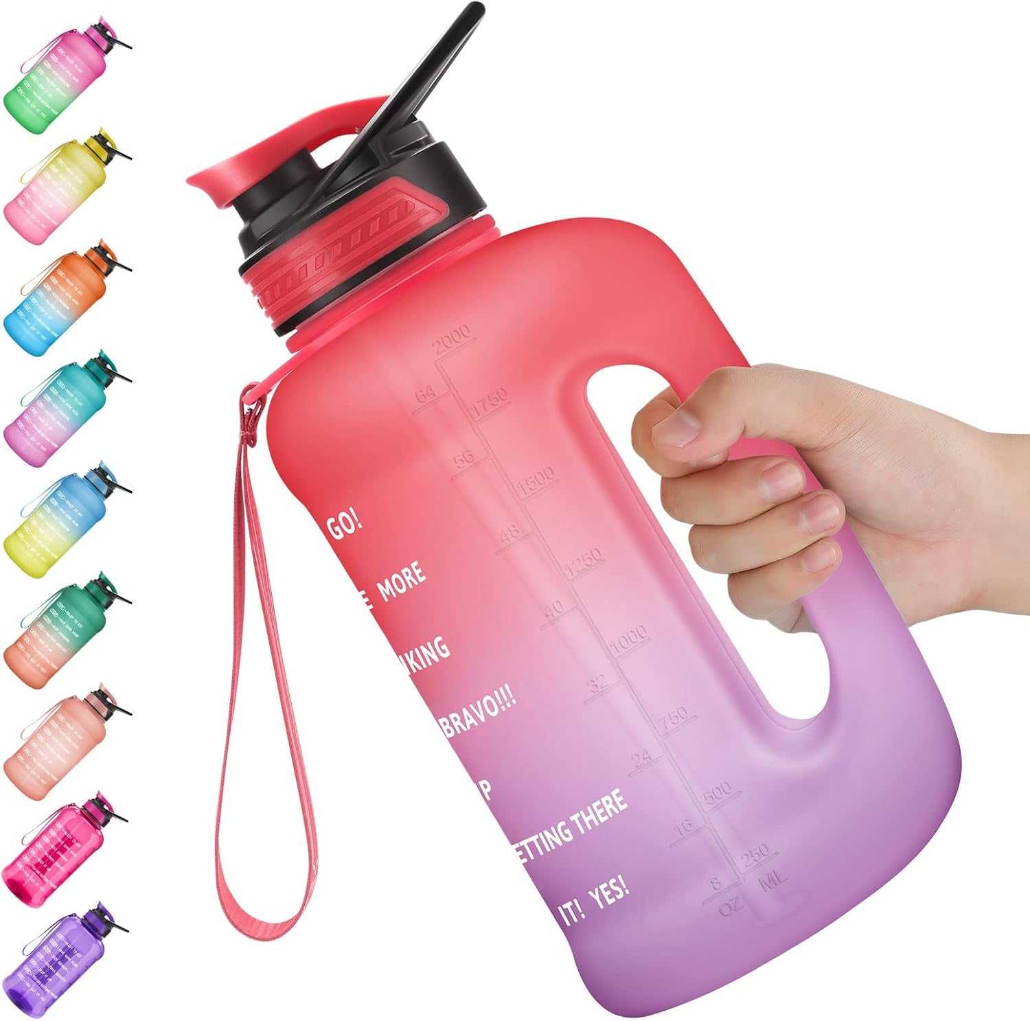 PASER Half Gallon Water Bottle with Straw & Dual Handle,64Oz Motivational Water Bottle with Time Marker Leakproof BPA Free for Camping Sports Workouts and Outdoor Activity
