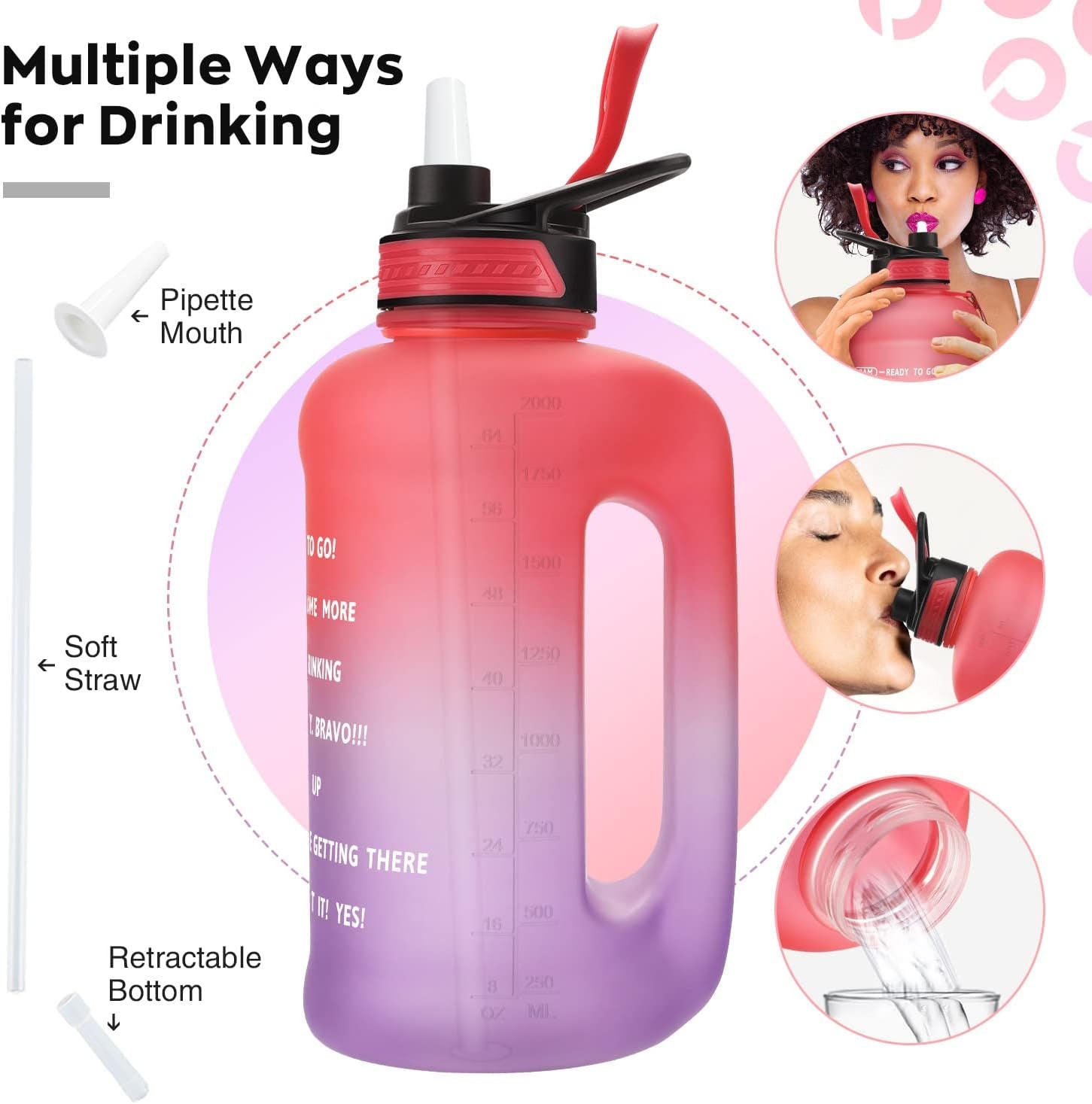 PASER Half Gallon Water Bottle with Straw & Dual Handle,64Oz Motivational Water Bottle with Time Marker Leakproof BPA Free for Camping Sports Workouts and Outdoor Activity