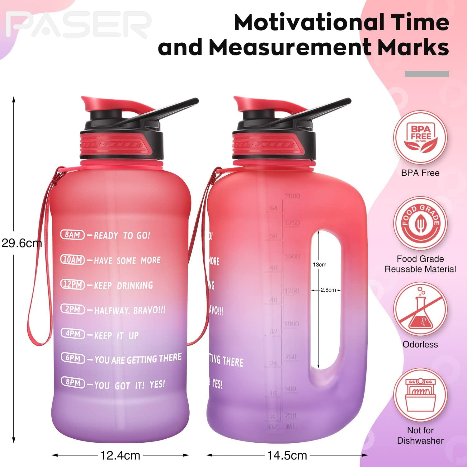 PASER Half Gallon Water Bottle with Straw & Dual Handle,64Oz Motivational Water Bottle with Time Marker Leakproof BPA Free for Camping Sports Workouts and Outdoor Activity