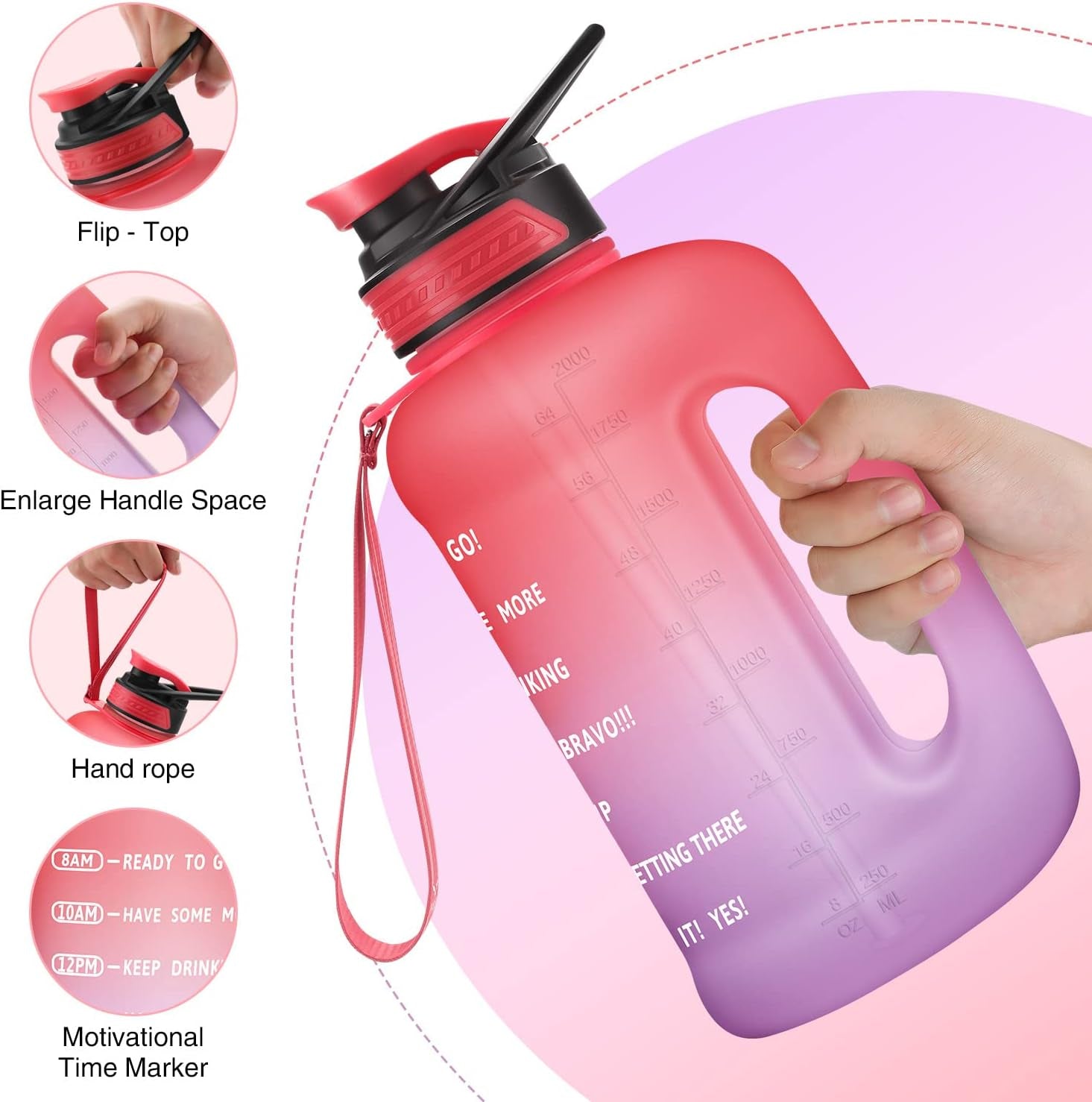 PASER Half Gallon Water Bottle with Straw & Dual Handle,64Oz Motivational Water Bottle with Time Marker Leakproof BPA Free for Camping Sports Workouts and Outdoor Activity